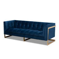 Baxton Studio TSF-5507-Navy/Gold-SF Ambra Glam and Luxe Royal Blue Velvet Fabric Upholstered and Button Tufted Gold Sofa with Gold-Tone Frame